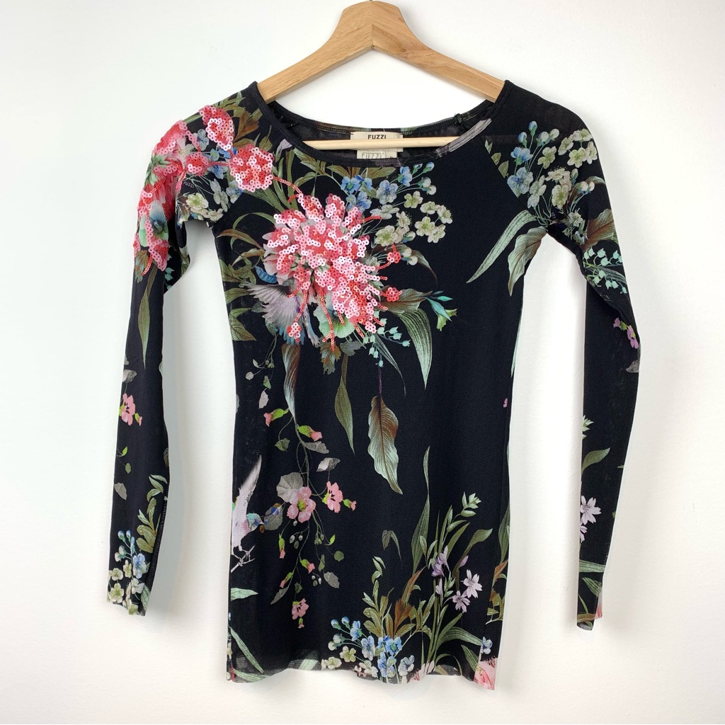 Fuzzi Jean Paul Gaultier Floral Birds Mesh Tulle Long Sleeve Top Sz Small Y2k